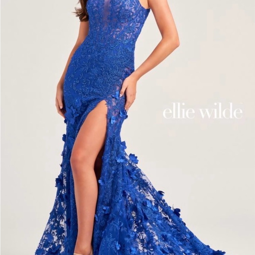 ellie wilde Cobalt Blue Lace Appliqué Evening Gown with High Slit